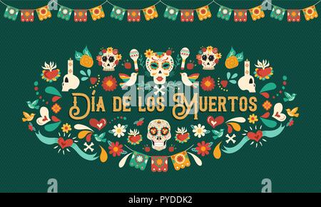 Tag der Toten Grußkarte Abbildung in spanischer Sprache für traditionelle mexikanische Kultur urlaub Feier mit Zucker Schädel und Mexiko Decora Stock Vektor