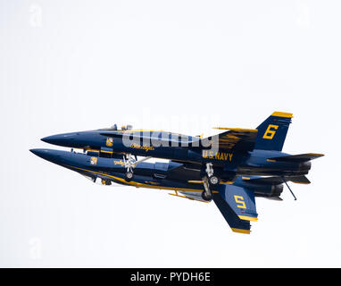 US Navy Blue Angels führen und gegnerischen solos Durchführen einer Fortus Manöver Stockfoto