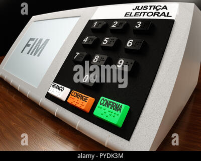 Brasilianische voting Machine (urna Eletronica) von 2018 Präsidentschaftswahlen in Brasilien, mit FIM (Ende) auf dem LCD-Display angezeigt. Stockfoto