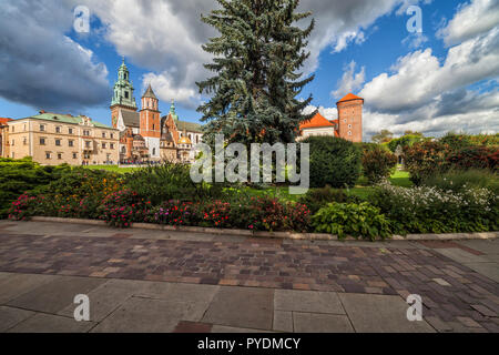 Kathedrale auf dem Wawel und Gärten in der Stadt Krakau in Polen. Stockfoto