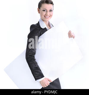 Closeup. lächelnd business Frau mit großen leeren Banner. Stockfoto