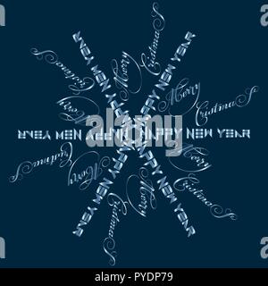 Neues Jahr Schneeflocke aus der Inschrift ein Frohes Neues Jahr und Frohe Weihnachten Pentacle Typografie Stock Vektor