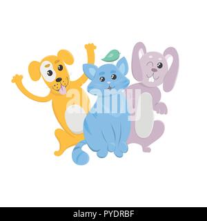 Glückliche Tiere auf weißem Hintergrund. Pet Shop Zeichen. Satz von Cartoon Tiere für Ihr Design. Gelber Hund, blaue Katze, rosa Häschen und Grünen bir Stock Vektor