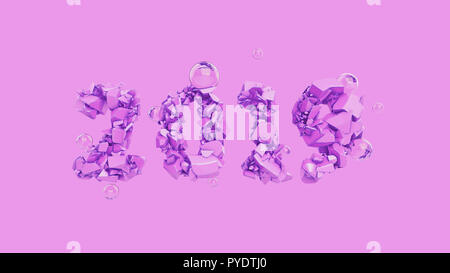 Frohes Neues Jahr Banner mit 2019 trendy pink Farbe Zahlen durch zerbrochene Risse im Stein isoliert auf rosa Hintergrund mit fliegenden Glaskugeln. abstrakten 3D-Darstellung Stockfoto
