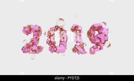 Frohes Neues Jahr Banner mit 2019 trendy rosa Farbe und gold Zahlen durch zerbrochene Risse im Stein isolieren auf weißem Hintergrund mit fliegenden Glaskugeln. abstract 3 Abbildung d Stockfoto