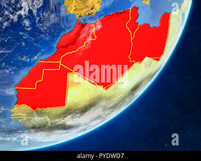 Maghreb auf dem Modell des Planeten Erde mit Ländergrenzen und sehr detaillierten Planeten und Wolken. 3D-Darstellung. Elemente dieses Bild furn Stockfoto