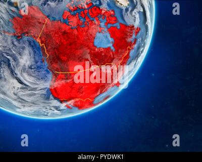 NAFTA-Mitglied staaten am Modell des Planeten Erde mit Ländergrenzen und sehr detaillierten Planeten und Wolken. 3D-Darstellung. Elemente dieser imag Stockfoto