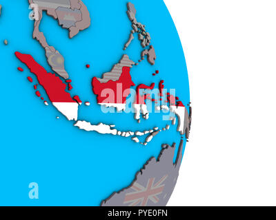 Indonesien mit eingebetteten Nationalflagge auf einfache politische 3D-Globus. 3D-Darstellung. Stockfoto