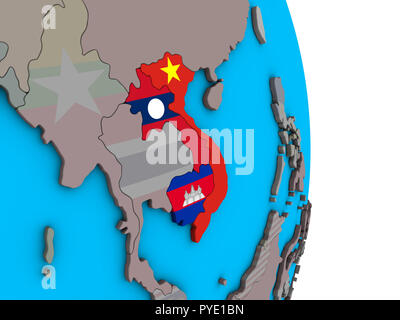 Indochina mit integrierten nationalen Flaggen auf einfache politische 3D-Globus. 3D-Darstellung. Stockfoto