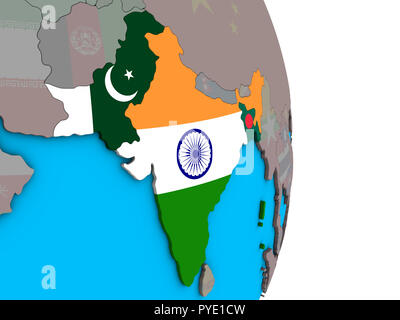 Britisch Indien mit integrierten nationalen Flaggen auf einfache politische 3D-Globus. 3D-Darstellung. Stockfoto