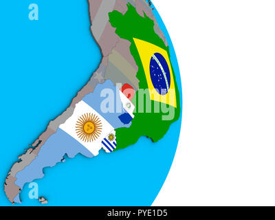 Mitglieder des Mercosur mit integrierten nationalen Flaggen auf einfache politische 3D-Globus. 3D-Darstellung. Stockfoto