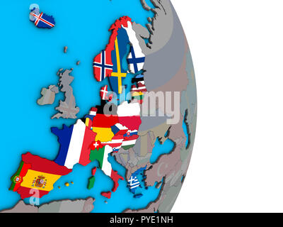 Schengen-raum Mitglieder mit integrierten nationalen Flaggen auf einfache politische 3D-Globus. 3D-Darstellung. Stockfoto