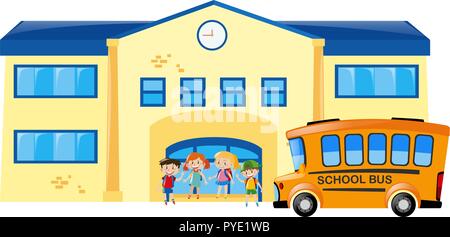 Schüler und Schule Bus vor der Schule Abbildung Stock Vektor