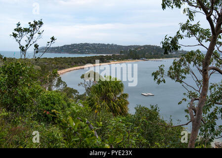 In Richtung Süden auf Sydneys Palm Beach (links) und Pitt Wasser (rechts) mit einem schmalen Land spit Beitritt Barrenjoey Leuchtturm und den Leuchtturm. Stockfoto