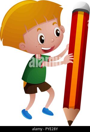 Little boy Holding giant Bleistift Abbildung Stock Vektor