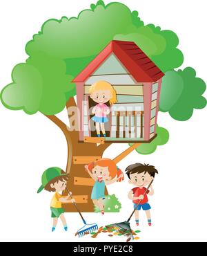 Kinder spielen in der treehouse Abbildung Stock Vektor