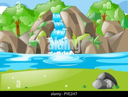 Wald Szene mit Wasserfall und Feld Abbildung Stock Vektor