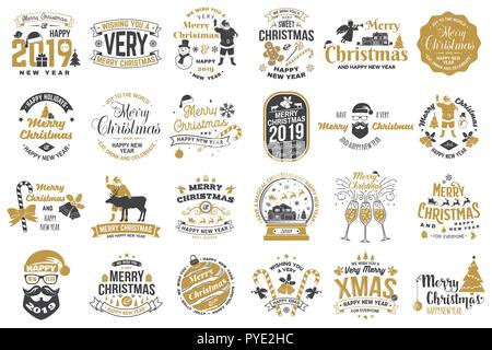 Satz von Frohe Weihnachten und ein glückliches Neues Jahr 2019 Stempel, Sticker Set Angebote mit Schneeflocken, Schneemann, Weihnachtsmann, Süßigkeit, Süßigkeiten, Kekse. Vektor. Vintage Typografie Design für Weihnachten, Neujahr Emblem Stock Vektor