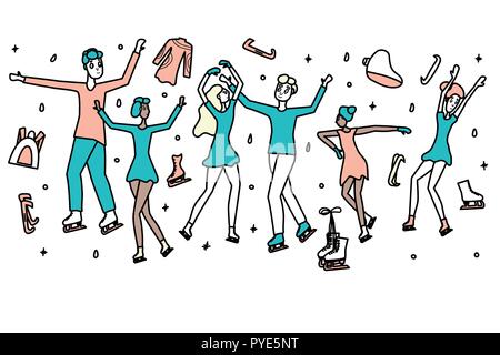 Eiskunstlauf Konzept. Gruppe von Menschen, die auf der Eisbahn. Vector Illustration. Stock Vektor