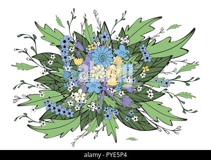 Blüten und Blätter Komposition. Hand gezeichneten Stil. Vector Abbildung. Stock Vektor