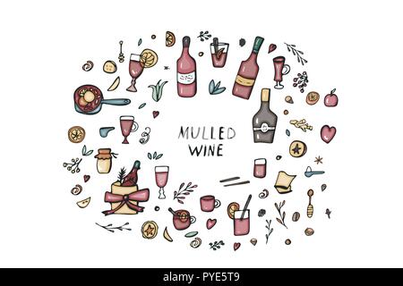 Vektor einrichten von Glühwein Elemente und Objekte. Zusammensetzung in doodle Stil. Stock Vektor