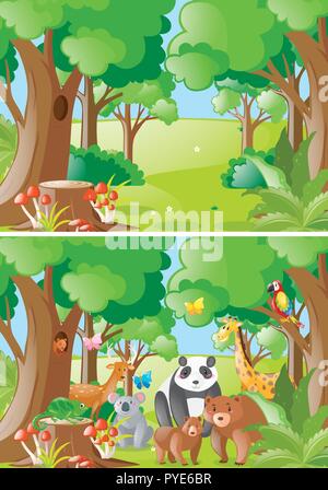 Wald Szenen mit wilden Tieren Abbildung Stock Vektor
