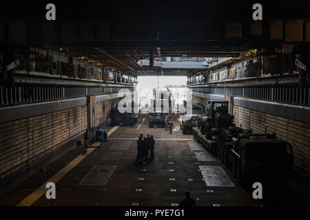 Marines mit Combat Logistik Bataillon 31 vorbereiten zu bewegen, um ein niedriges Bett, 50-t medium-heavy Equipment transporter Anhänger auf eine Landing Craft, Utility an Bord der Station Landung Schiff USS Ashland (LSD 48), vor der Küste der Philippinen. Die 31. MEU ist der erste MEU zu laden und die MHET nutzen. Die MHET bietet lange Transporte Funktionen für schwere Ausrüstung einschließlich der Straßenbahnen und Angriff Amphibienfahrzeuge. Die Marines der CLB-31 beibehalten und die MHET und anderen Fahrzeugen Betrieben zur Unterstützung der KAMANDAG 2, einer multinationalen Übung für die Vereinigten Staaten, Japan und den Philippi Stockfoto