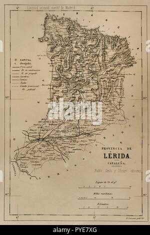 Mapa de la Provincia de Lérida (Lleida). Crónica de España, Historia y Ilustrada Descriptiva de Sus Provincias. Cataluña, 1866. Biblioteca Histórico Militar de Barcelona. Catalunya, España. Stockfoto