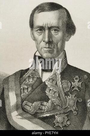 José Manso y Solá (Borredà, 1785 - Madrid, 1863). Militar español del Ejército de Fernando VII e, Isabel II. Dibujo por Llanta. Las Mejores. Litografía. Crónica de España, Historia y Ilustrada Descriptiva de Sus Provincias. Cataluña, 1866. Biblioteca Histórico Militar de Barcelona. Catalunya, España. Stockfoto