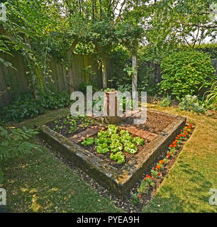 Gemüsegarten IN EINEM PRIVATEN GARTEN. AUGUST 2018. OAKHAM, Rutland, England. Kleine geschlossene Gemüsegärten mit erhöhten Betten eingepflanzt Stockfoto