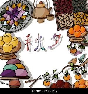 Flaches Design Icons, Chuseok, Koreanisch Mid Autumn Festival Symbole. Abbildung: traditionelles Essen, Kostüm und Blätter im Herbst. Stock Vektor