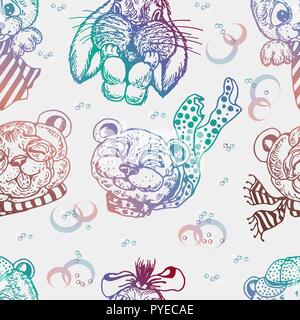 Gradiental Tier Gesichter (Bär, Panda, Hase, Tiger) mit Schal nahtlose Muster für ihr Design, Textur, Textil, Verpackung Papier, Tapeten und Web d Stock Vektor