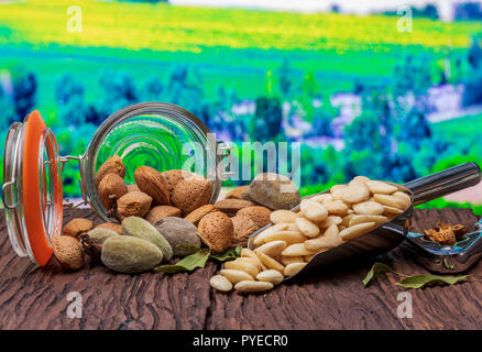 Geschälte Mandeln, mit Schale und mit Haut (almendrucos). Rustikaler Stil, auf Holz- Hintergrund. Stockfoto
