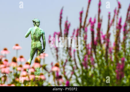 Blick auf die Statue von Michelangelos David in Florenz, Italien, an einem sonnigen Tag. Stockfoto
