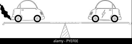 Cartoon des Kraftstoff- und Elektroautos, gemessen auf Balance Skala Stock Vektor