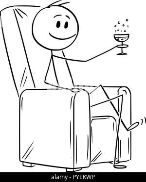 Cartoon von Happy erfolgreicher Mann oder Geschäftsmann in Sessel und ein Glas Champagner oder Wein sitzen Stock Vektor