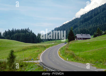 Eine malerische asphaltierte Bergstraße durch die Alpen. Österreich. Stockfoto