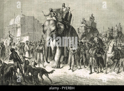 Kavalkade Einstellung heraus auf einem Tiger Hunt, Tiger Jagd mit Elefanten, Indien im 19. Jahrhundert Stockfoto