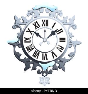Vintage snowy Wanduhr mit verzierten Zifferblatt und Schneeflocke auf weißem Hintergrund. Probe von Weihnachten und Neujahr Grußkarte, festliche Poster oder Einladungen. Vector Illustration. Stock Vektor