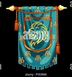 Medieval knight banner with image the head of a lion isolated on black background. Vector illustration. Stock Vektor