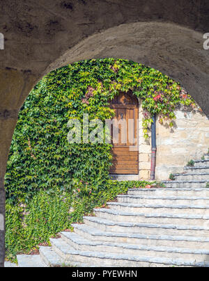 Eine Tür, die von Laub flankiert und durch einen Bogen in La Roque-Gageac, Dordogne, Frankreich Stockfoto