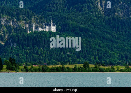 Blick über Forgensee auf Schloss Neuschwanstein, Ammergauer Alpen, in der Nähe von Schwangau, Landkreis Ostallbräu, Allgäuer, Bayern, Deutschland Stockfoto