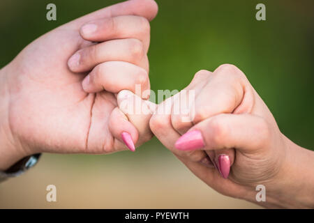 Zwei weibliche Hände Freundschaft schwören, halten wenig pinkie Finger zusammen. closeup, geringe Tiefenschärfe.. verschwommen grünen Hintergrund. Stockfoto