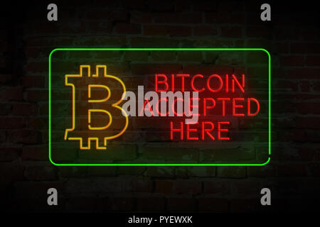 Bitcoin akzeptiert hier 3D neon Lights 3D-Abbildung. Blockchain cryptocurrency Symbol auf Mauer Hintergrund. Stockfoto