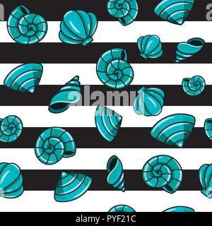 Ozean nahtlose Muster mit bunten Muscheln auf schwarze und weiße Streifen Hintergrund. Vector Illustration Stock Vektor
