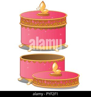 Satz geschlossen und runde verzierten Geschenk Boxen mit Deckel rosa Farbe auf weißem Hintergrund geöffnet. Vector Illustration. Stock Vektor