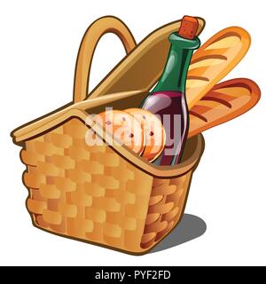 Picknick Weidenkorb mit Lebensmittel, oatmeal Cookies, eine Flasche Wein, frisches Brot auf weißem Hintergrund. Vector Illustration. Stock Vektor