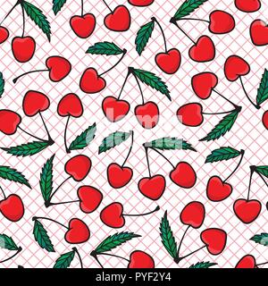 Handzeichnung Cherry Berry Mode Skizze auf der grid nahtlose Muster auf weißem Hintergrund. Vector Illustration print Design. Stock Vektor