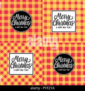 Stellen Sie frohe Weihnachten weiße oder schwarze Hand gezeichnet Schriftzug text Inschrift. Vector Illustration kariert rot gelb orange Muster Hintergrund. Urlaub Frohes Neues Jahr Gruß Design Karte Stock Vektor