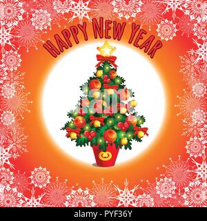 Mit niedlichen Weihnachtsbaum mit roten Schleife Skizze. Neujahr Geschenke, Textur der Schneeflocken, klassische Weihnachten Dekorationen und Flitter. Stichprobe von Plakat, Einladung und andere Karte. Vector Illustration. Stock Vektor